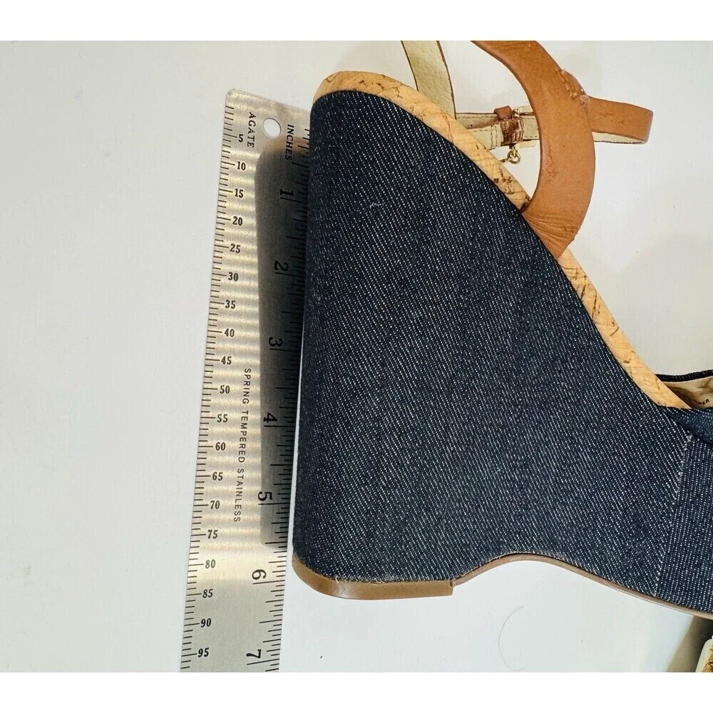 Michael Kors Denim Cork Wedge Sandals Size 9  Ankle Strap Espadrille Heels